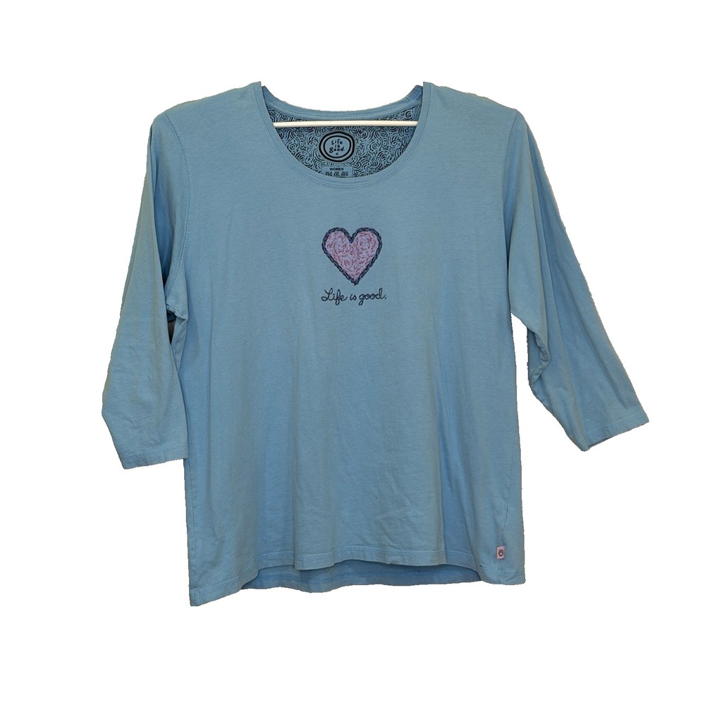 Life is Good T-Shirt Womens Size XXL Blue Heart 3/4 Sleeve Scoop Neck Cotton